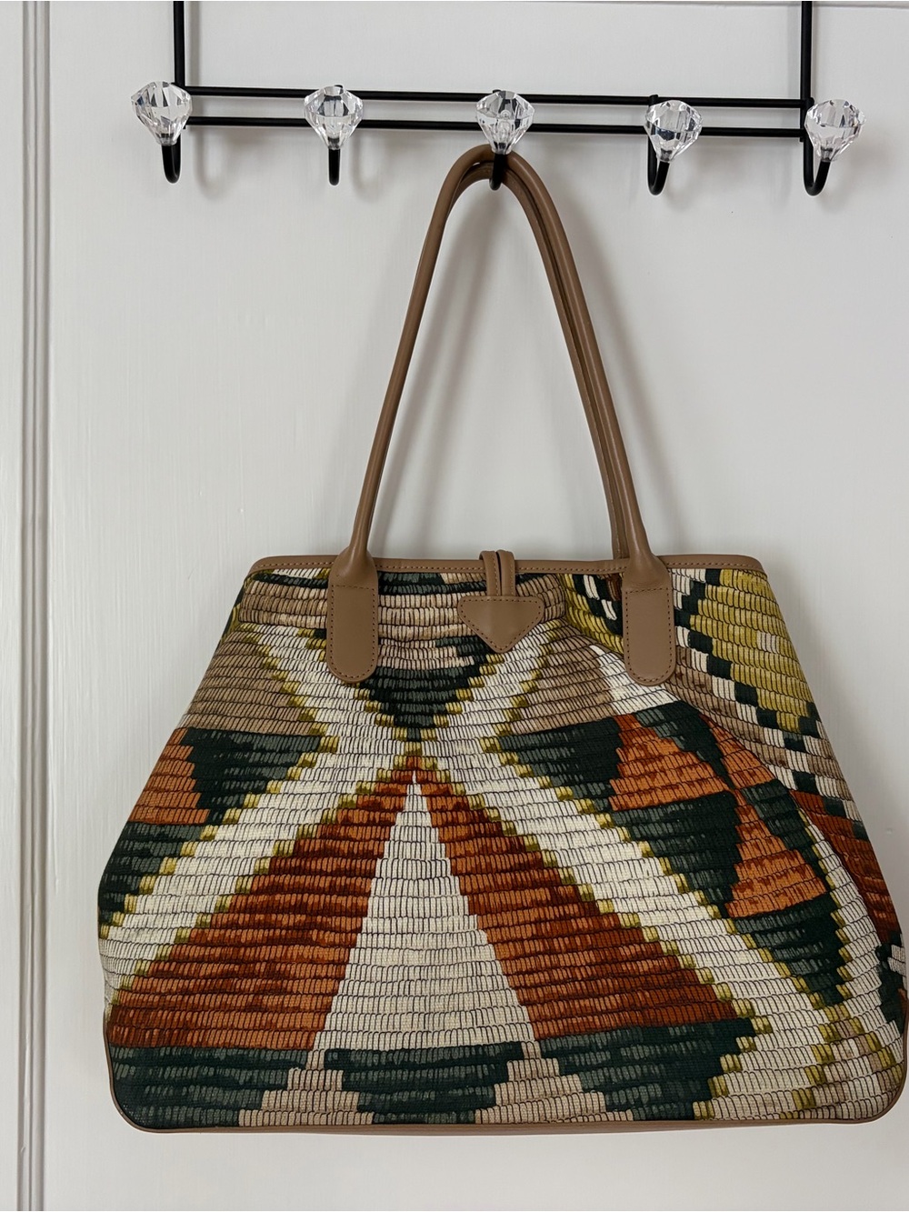 *RARE* Vintage Longchamp Woven Geometric Tote in Tan, Olive & Cream - Picture 2 of 8